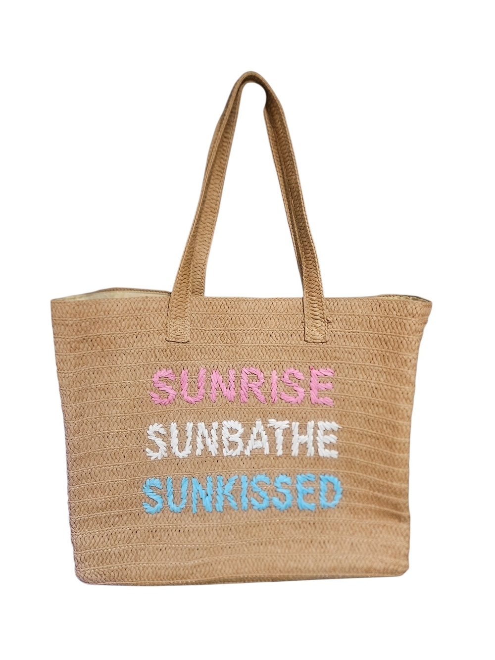 Sunrise Sunbathe Sunkissed Woven Straw Beach Tote Bag NWOT